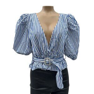 Zara Puff Sleeve Striped Wrap Blouse Rhinestone Belted Waist Blue White Women S